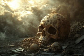 Human Skulls on Ground Amidst Coins and Atmospheric Clouds Illustration