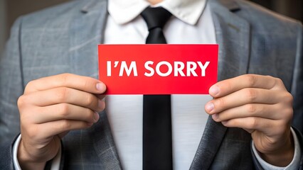 Professional man holding red card with I'm Sorry text, illustrating themes of regret, apology and taking responsibility for errors in the workplace