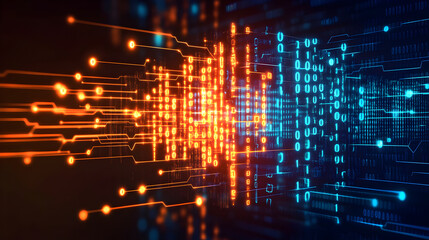 Digital data streams flowing, circuit board background, tech concept, website banner