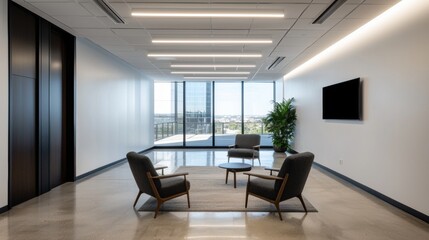 Modern Waiting Area with City View, Armchairs, Coffee Table, TV, Office Interior Design.