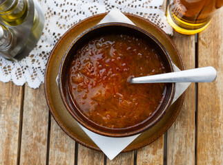 Traditional Slovak cabbage soup Kapustova with smoked meat and vegetables
