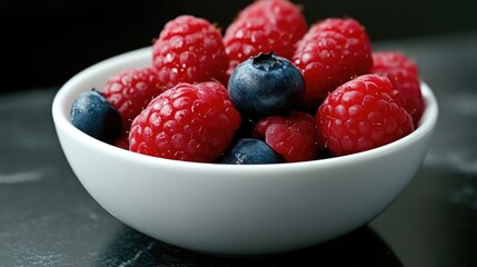 Fresh raspberries and blueberries in a small white bowl.  Close-up of juicy, vibrant berries