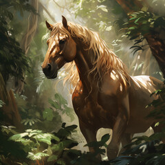 A majestic horse resting in a dense jungle, sunlight filtering through Generative ai