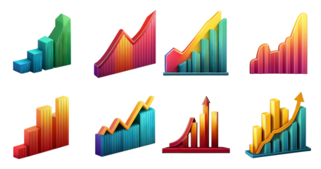 Colorful Gradients of Bar and Line Graphs for Business Visuals, Bundle Set Collection, Isolated on Transparent Background