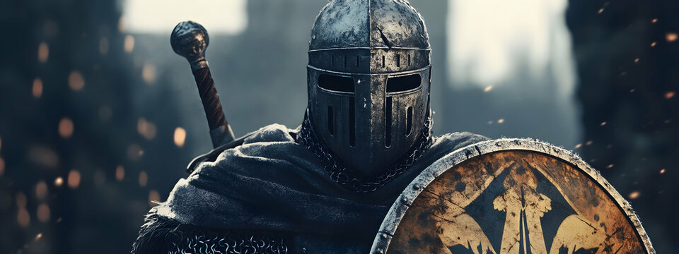 Medieval knight with shield and helmet, bold and clean 4k wallpaper, illustration  -