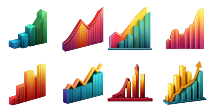 Colorful Gradients of Bar and Line Graphs for Business Visuals, Bundle Set Collection, Isolated on Transparent Background