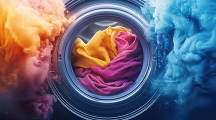 Vibrant fabric washing process home laundry room close-up photography colorful environment inside view textile care concept