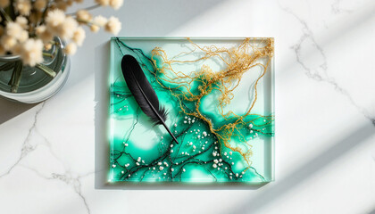 Abstract resin art tray with teal and gold design  