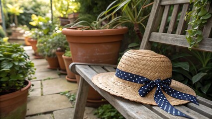 Fototapeta premium A straw hat with a blue polka dot ribbon on a wooden bench in a garden with potted plants around it