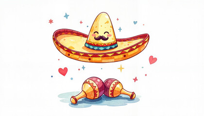 Happy cartoon sombrero with maracas on a light background  
