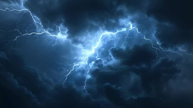 Lightning strikes illuminate dark storm clouds during a turbulent night sky