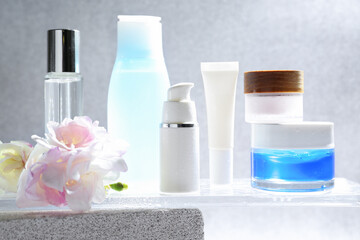 Presentation of body care products against blurred background