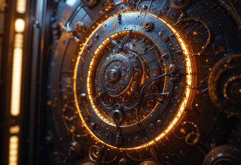 Fototapeta premium Intricate Steampunk Mechanism Glows with Mysterious Golden Light