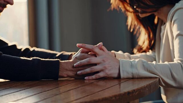 Close-up video shot of two people holding hands across a wooden table, bathed in warm sunlight, creating an intimate and comforting atmosphere.