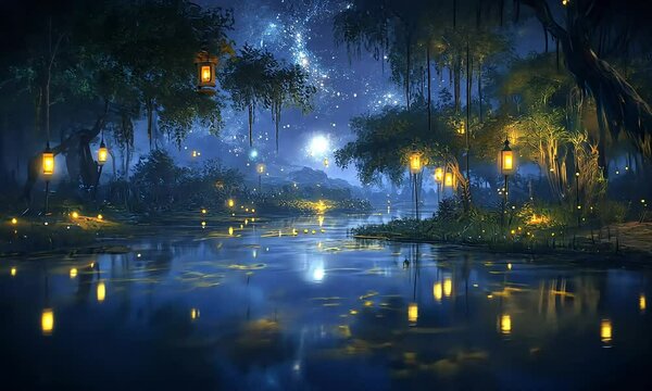 Enchanting nocturnal forest by a tranquil river, illuminated by lanterns and glowing flora