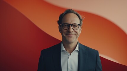 Business leader smiling portrait modern office professional photo warm colors close-up leadership concept