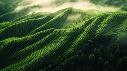 Tea plant with fresh lush leaves in plantation farm land in Spring.