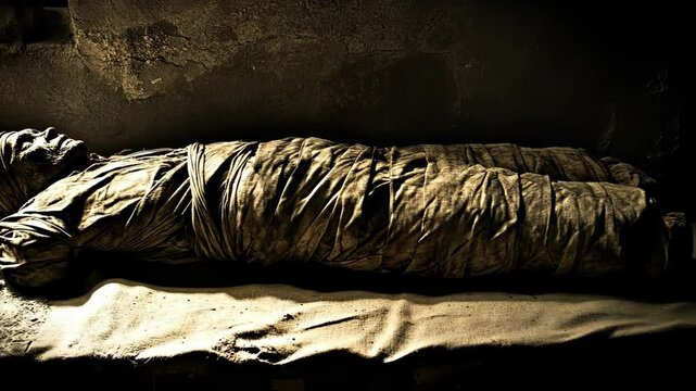 Mummified remains resting on a bed in a dimly lit ancient burial site with textured walls