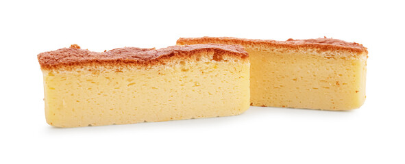 Pieces of tasty Japanese Castella sponge cake isolated on white