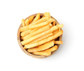 Delicious French fries in bowl isolated on white, top view