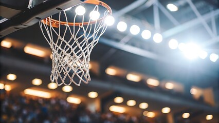 A close up view of a basketball hoop with lights in the background inside of a basketball arena