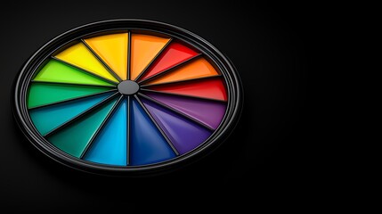 3D pie chart icon, with high-gloss finish, pearlescent and chromatic rainbow shine, over a rich black surface
