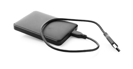 External hard drive with USB cable isolated on white