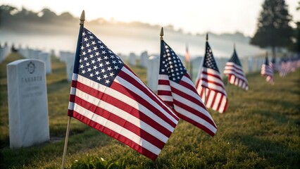 American flags waving in a cemetery with headstones on a sunny day in a patriotic display scene
