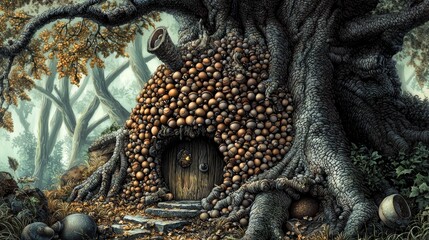 Obraz premium Enchanted tree house with mushroom decoration nestled in a mystical forest showcasing intricate nature and whimsical charm