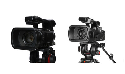 Modern video cameras on white background, collage. Professional equipment