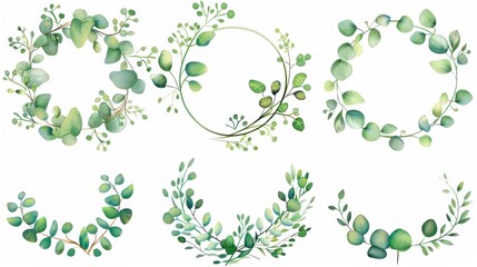 Enchanting Watercolor Vector Wreath Adorned with Lush Green Eucalyptus Leaves and Branches