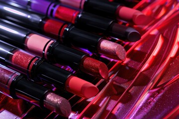 Colorful lipsticks arranged on a glossy surface with vibrant lighting