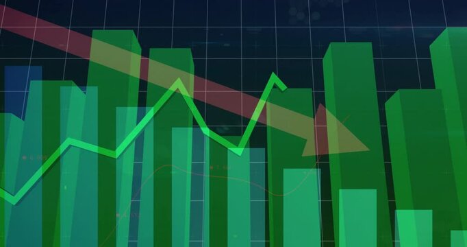 In school, animation showing green bar graph with downward trend arrow for finance