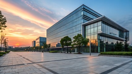 Fototapeta premium A modern glass building with sunset reflection and a paved walkway in an urban business district area