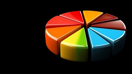 Obraz premium 3D pie chart icon, radiating inner glow, vivid translucent rainbow hues, over a rich black surface