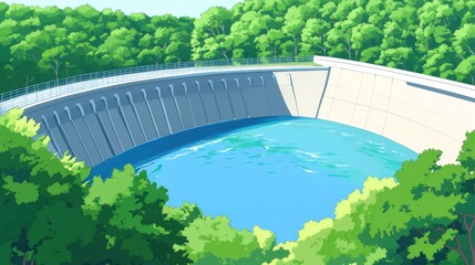 Scenic view of a serene dam surrounded by lush greenery and clear blue water under a bright sunny sky