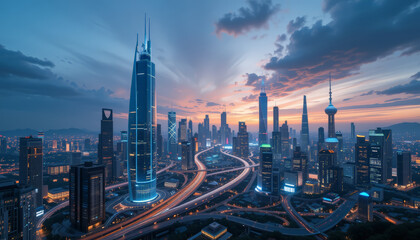 Fototapeta premium stunning cityscape at dusk showcases modern skyscrapers and vibrant lights, with dynamic skyline reflecting energy of urban life. scene captures essence of bustling metropolis