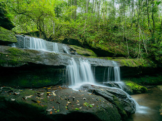 The waterfall looks smooth gentle, multi-tiered, beautiful flowing over mossy rocks in the lush green forest behind, dense lush, with tall trees dense bushes, giving sense of peace natural beauty.