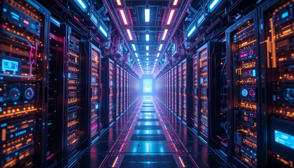 futuristic data center with rows of server racks illuminated by vibrant blue and pink lights creates high tech atmosphere. perspective leads to bright exit, evoking sense of innovation