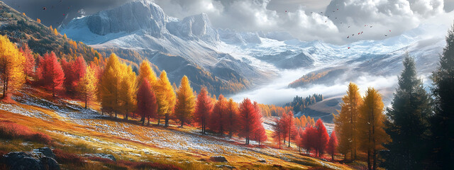 Mountain landscape with red and yellow trees, autumn scenery, artistic and natural 4k wallpaper  -