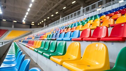 Rows of colorful stadium seating in blue green yellow orange and red under bright overhead lighting