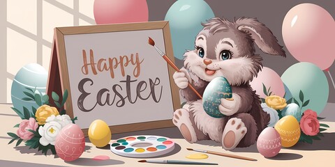 Obraz premium An adorable Easter bunny holding a paintbrush and a colorful egg beside a whiteboard that reads Happy Easter surrounded by pastel eggs, a color palette, and vibrant spring flowers in a festive setting