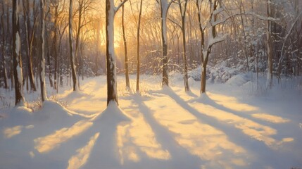Golden Hour Illuminates a Serene Forest Under a Blanket of Winter Snow