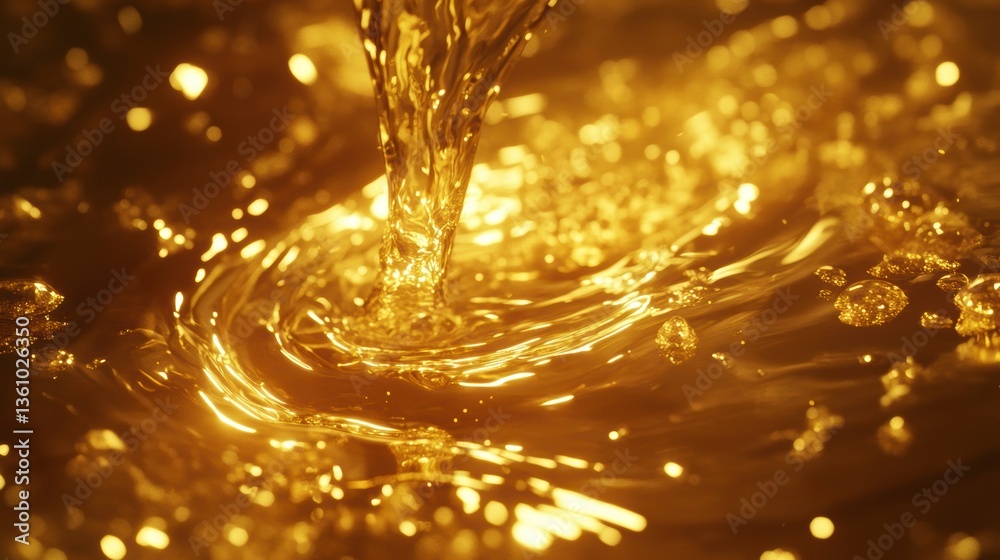 Poster Golden liquid pouring, creating swirling patterns and splashes.
