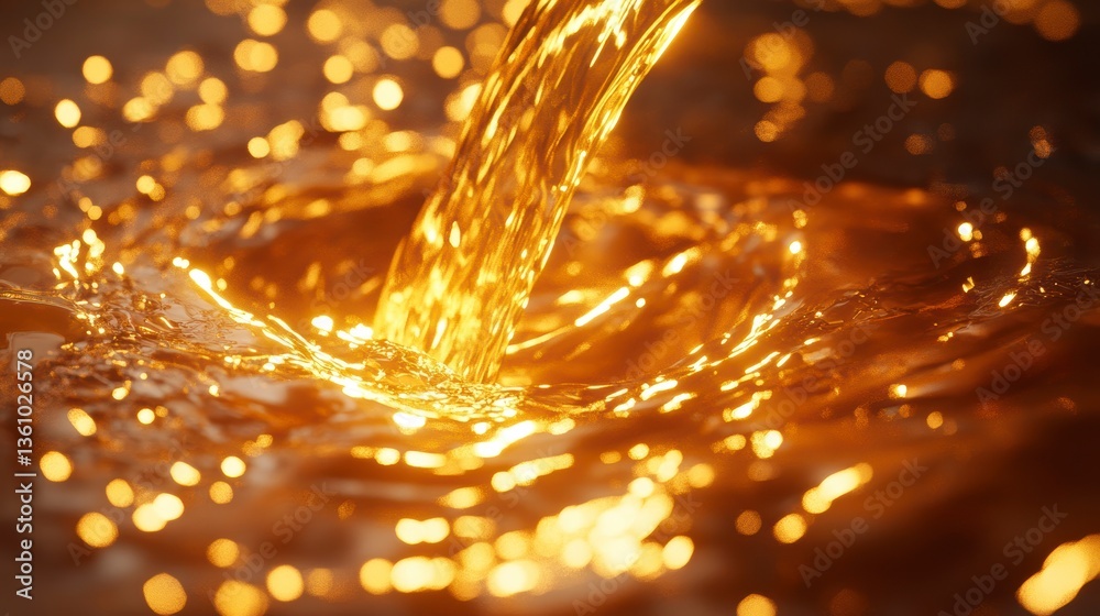 Poster Golden liquid pouring into a pool, creating ripples and sparkles.