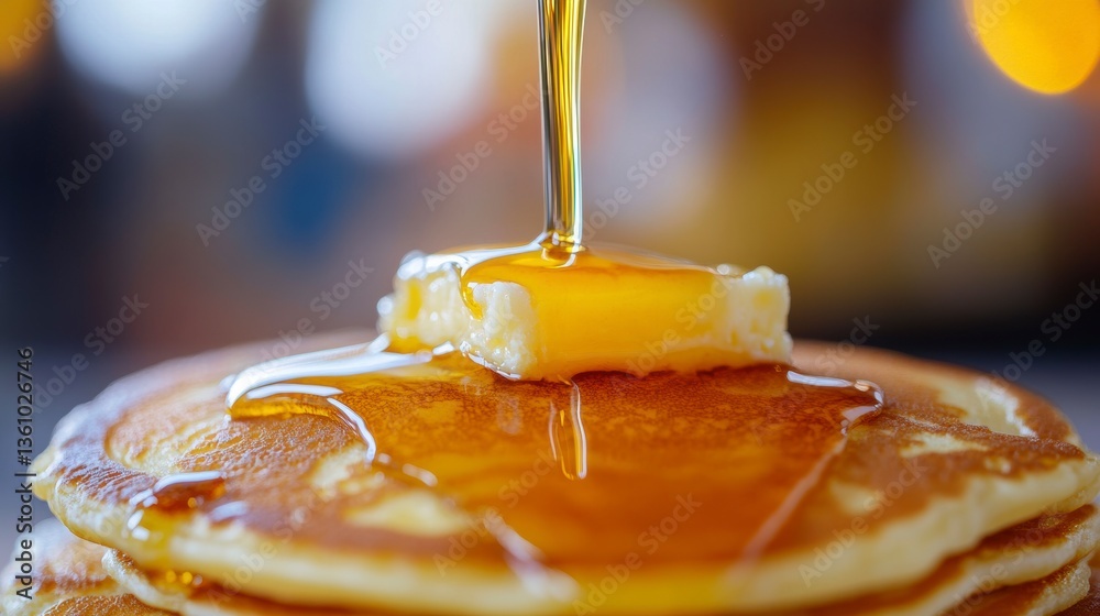 Poster golden syrup pouring onto a stack of pancakes topped with melting butter.