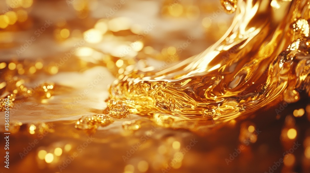 Poster close-up of golden liquid splashing, showing texture and light reflections.