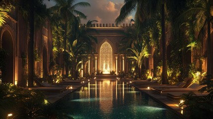 Luxurious retreat, illuminated pool and opulent architecture at twilight