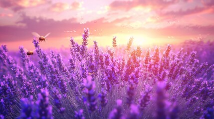 Obraz premium Beautiful Lavender Field at Sunset with Bees and Soft Purple Flowers Against a Colorful Sky