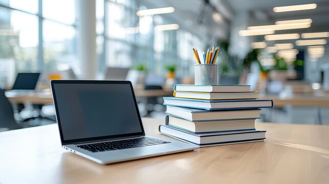 An organized workspace with a laptop computer stack of books and office supplies on a tidy wooden desk in a modern well lit office environment